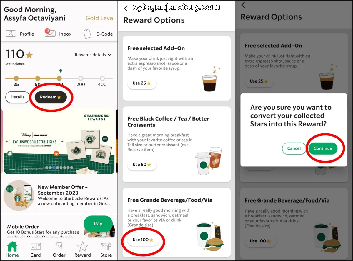 Proses redeem rewards di aplikasi STarbucks
